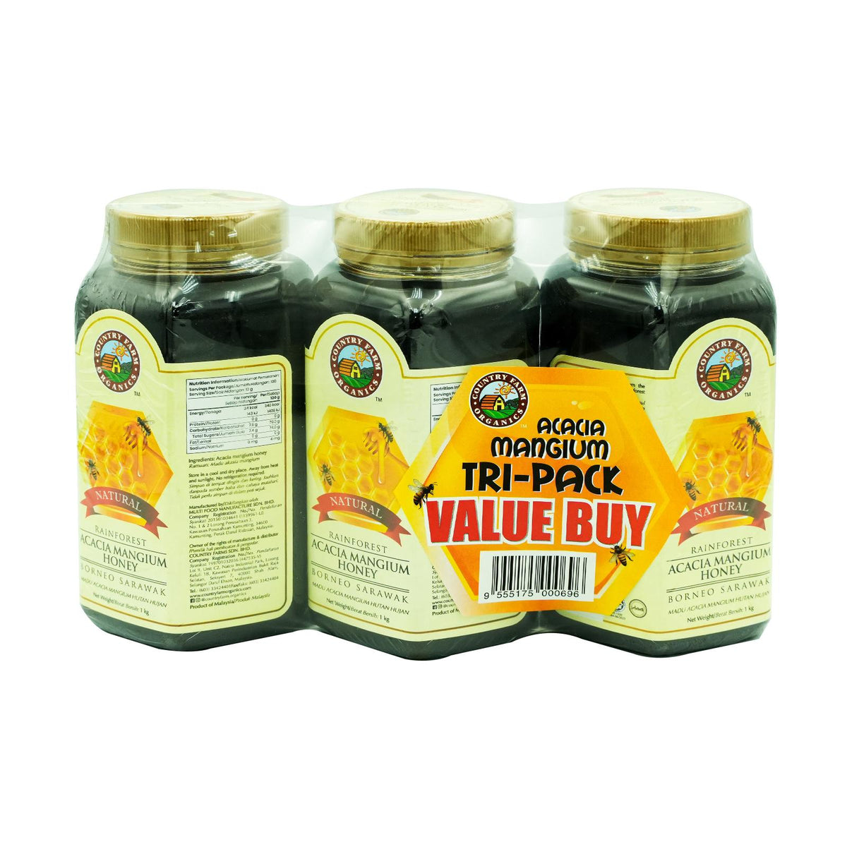Country Farm Organic Natural Rainforest Acacia Mangium Honey 1kg x 3